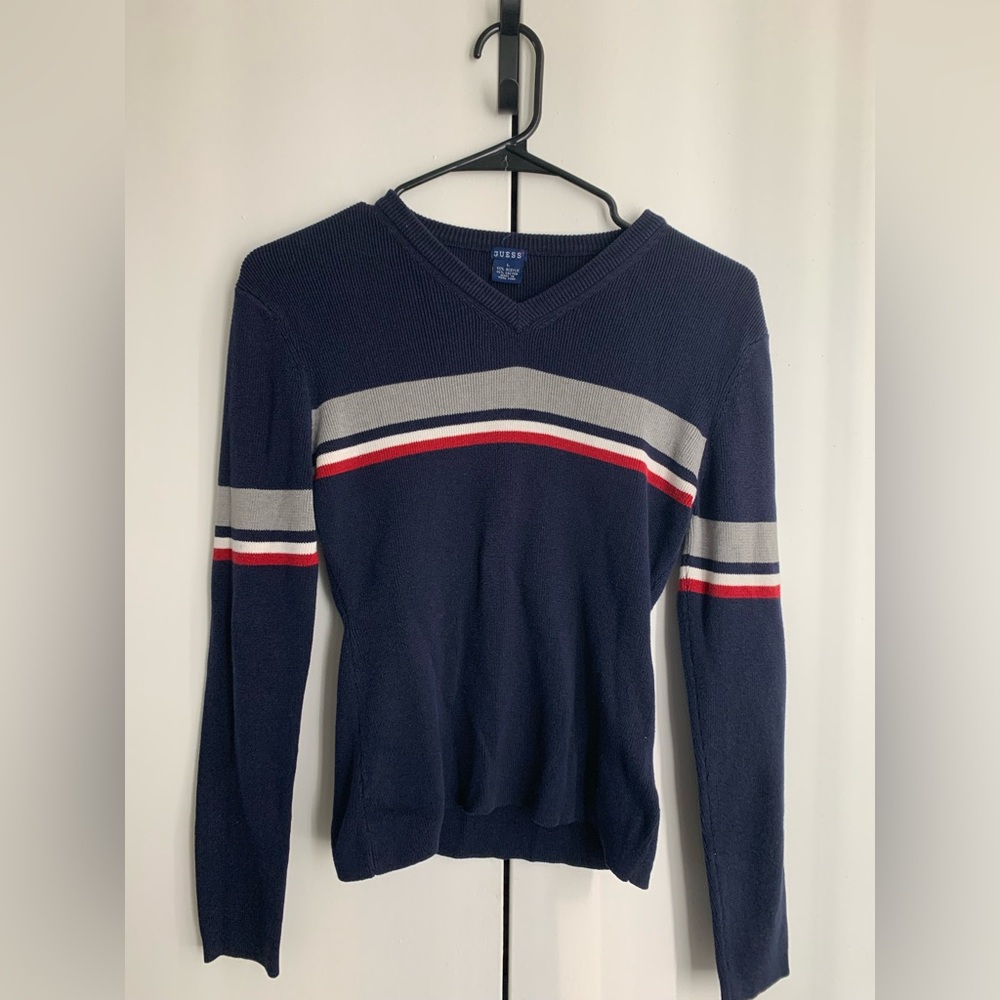 Guess Navy V-Neck Sweater with Red and Gray Stripes